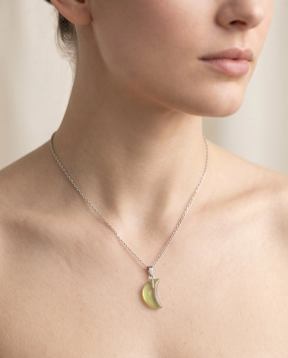 Silver Fluorite Light Green Crescent Moon Pendant Necklace