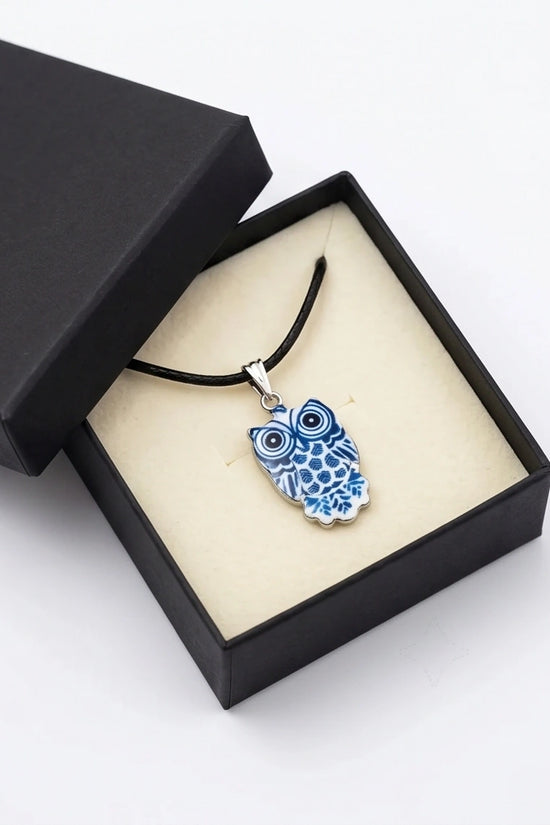 Artistic Blue Porcelain Owl Totem Pendant Necklace