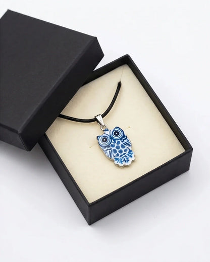 Artistic Blue Porcelain Owl Totem Pendant Necklace