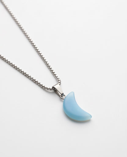 Silver Light Blue Crescent Moon Resin Pendant Necklace
