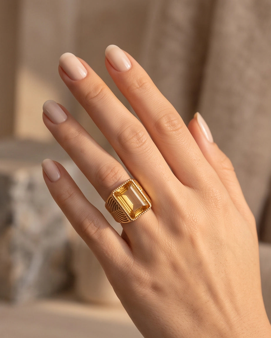 Citrine Emerald-Cut Beaded Signet Ring