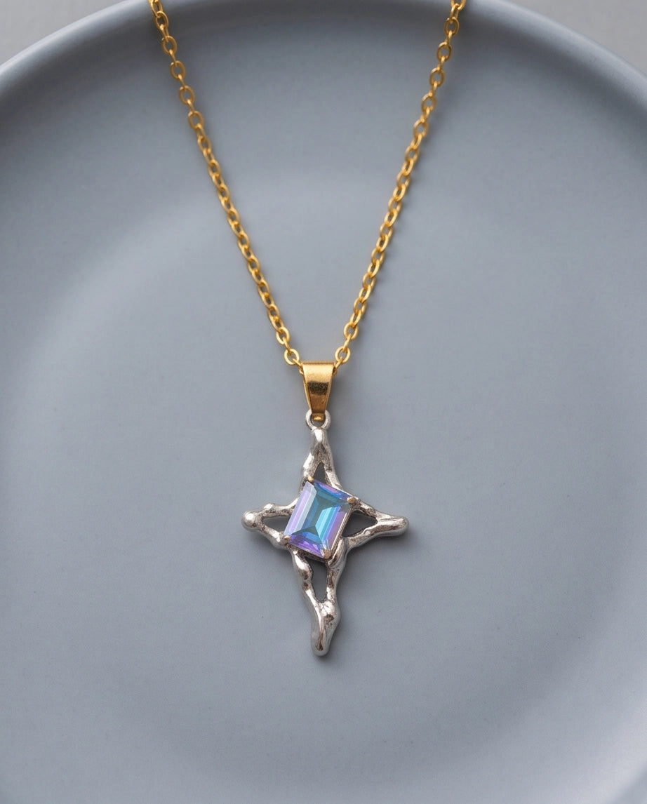 Silver Blue-Purple Gemstone Gothic Cross Pendant Necklace