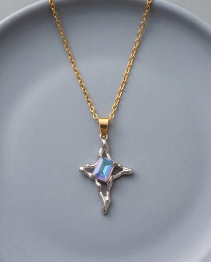 Silver Blue-Purple Gemstone Gothic Cross Pendant Necklace