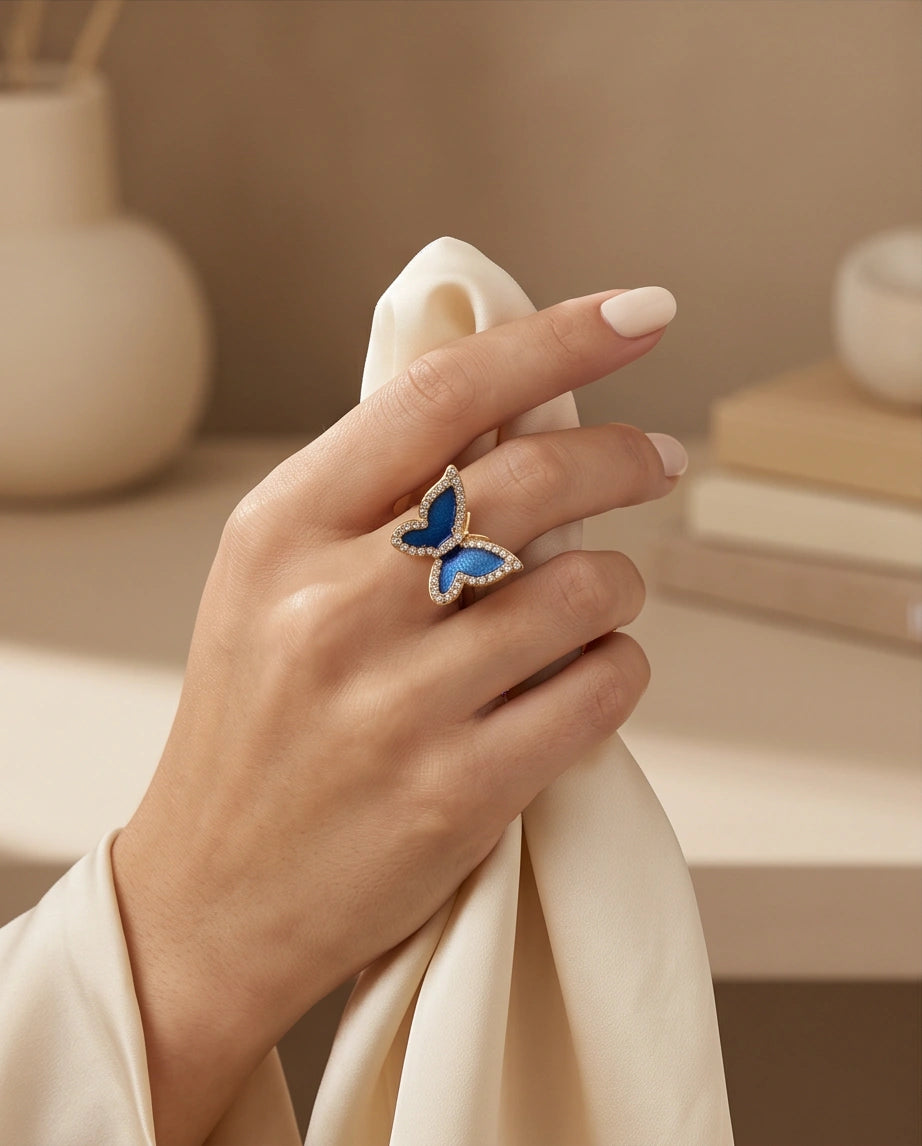 Gold Plated Royal Blue Enamel Butterfly Statement Ring