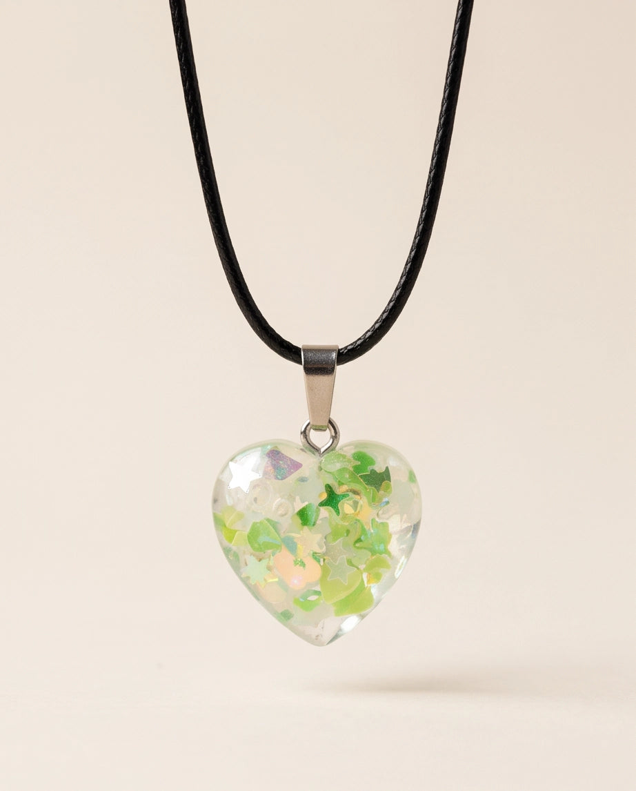 Silver Lime Green Glitter Heart Resin Pendant Necklace