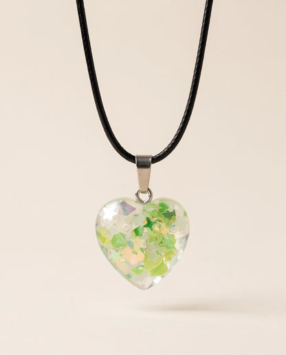 Silver Lime Green Glitter Heart Resin Pendant Necklace