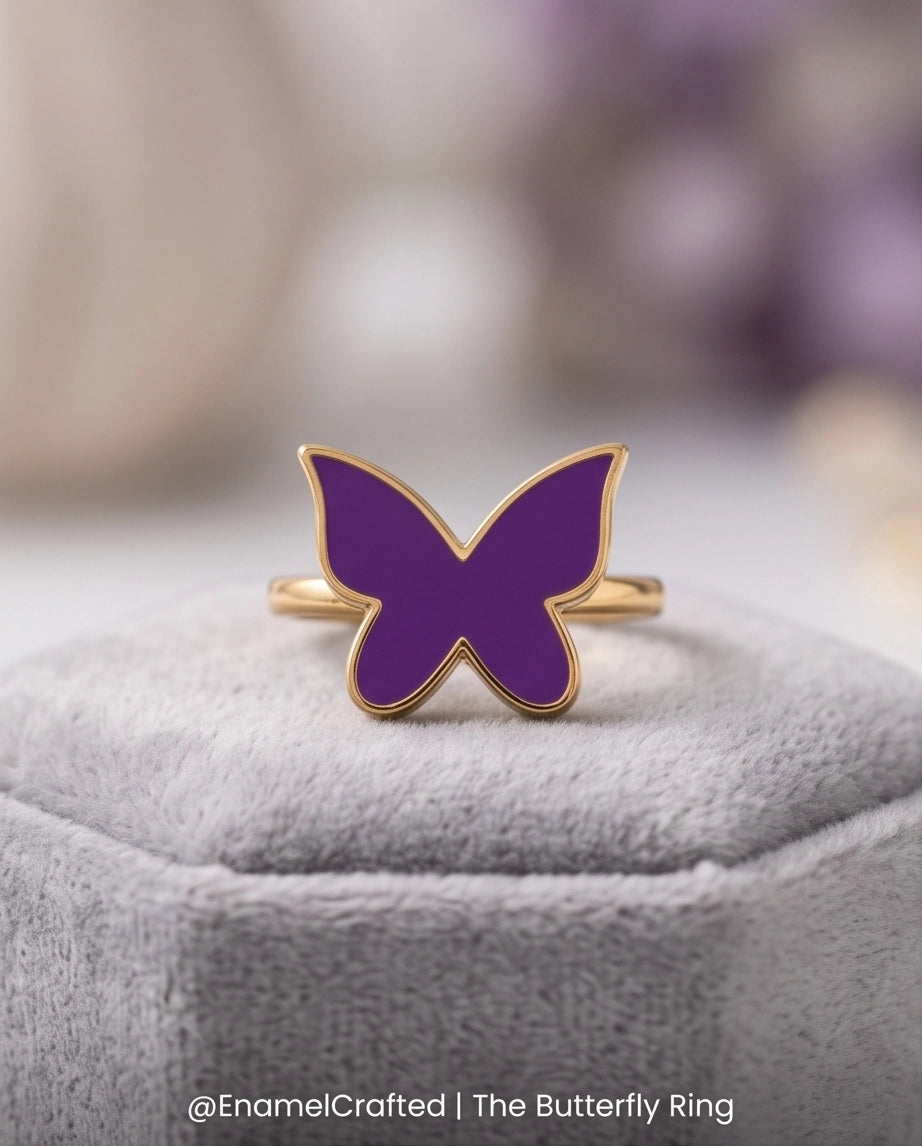 Gold Purple Butterfly Enamel Ring