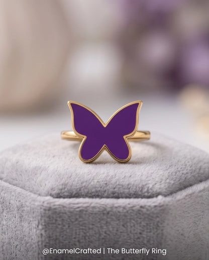 Gold Purple Butterfly Enamel Ring