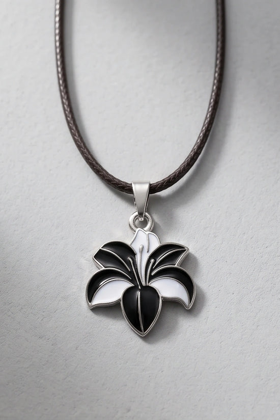 Bold Black and White Lily Enamel Pendant Necklace