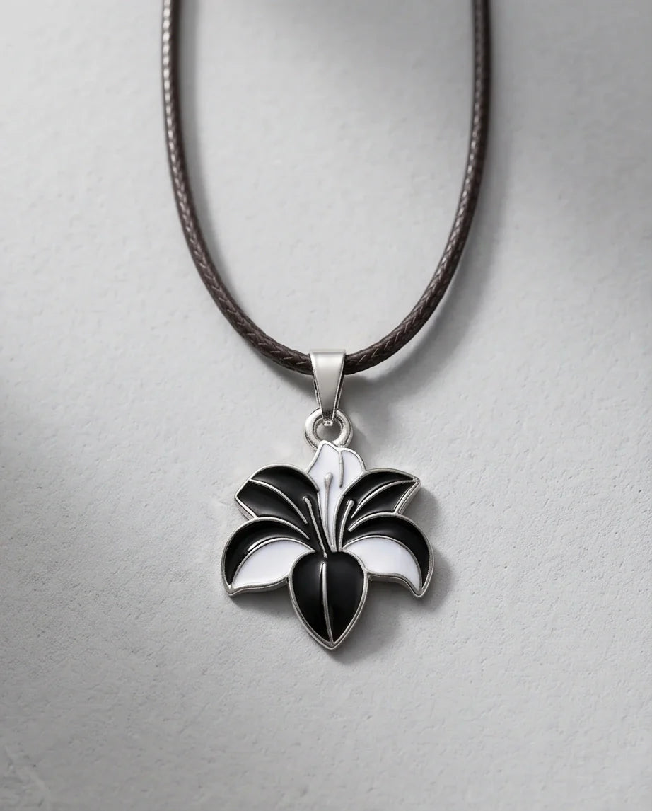 Bold Black and White Lily Enamel Pendant Necklace