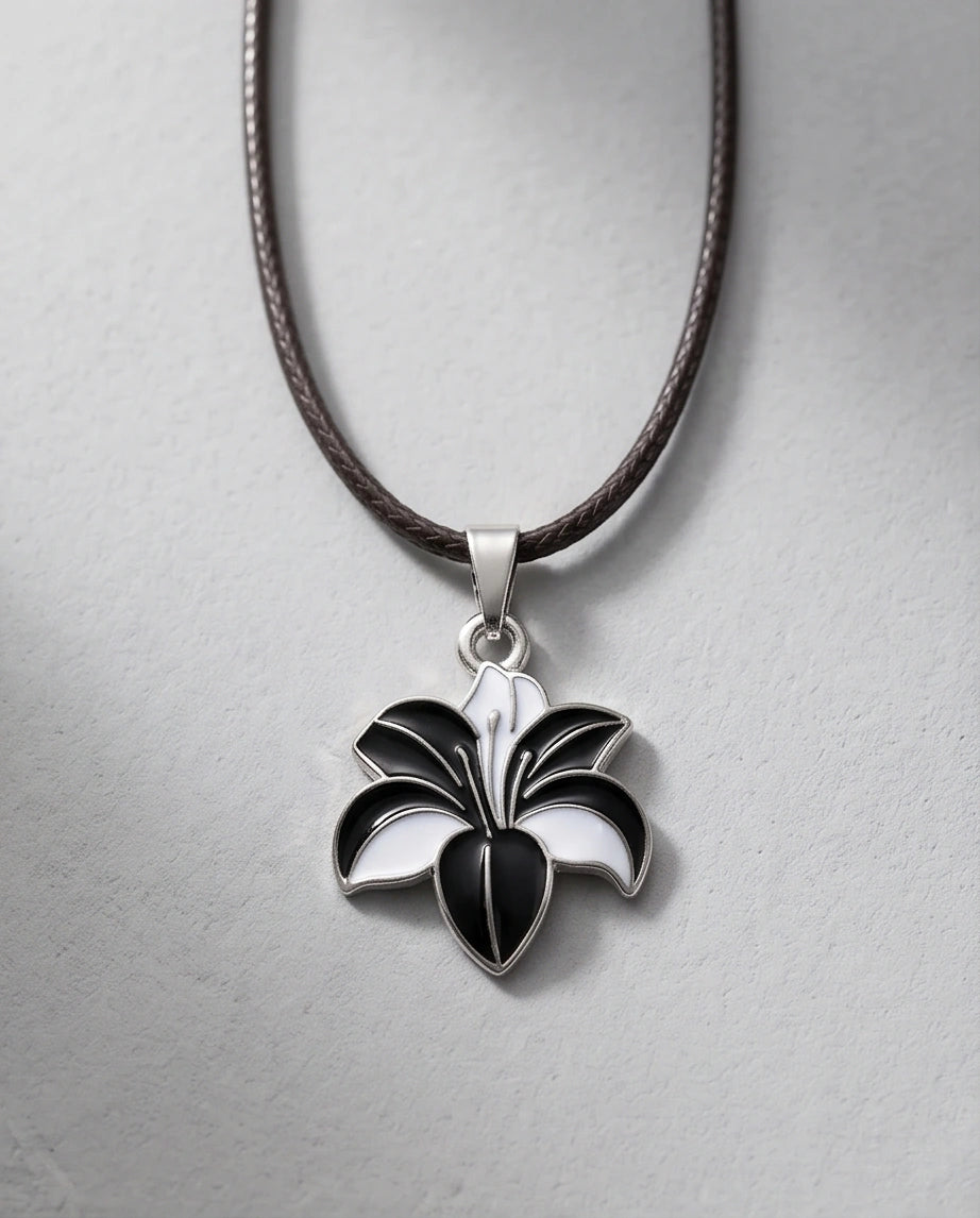 Bold Black and White Lily Enamel Pendant Necklace
