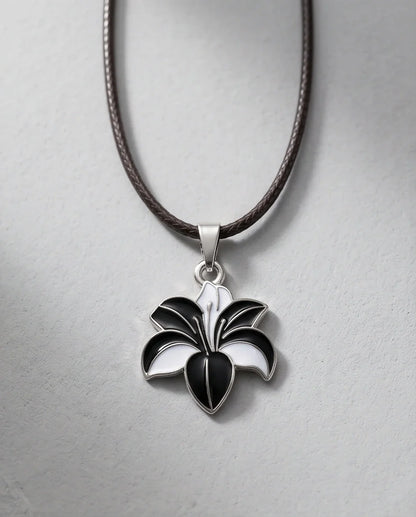 Bold Black and White Lily Enamel Pendant Necklace