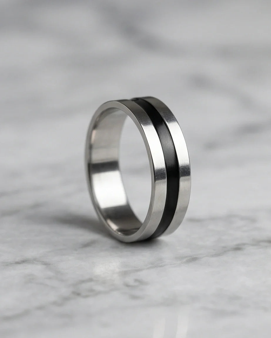 Minimalist Dual-Tone Silver and Black Band Ring