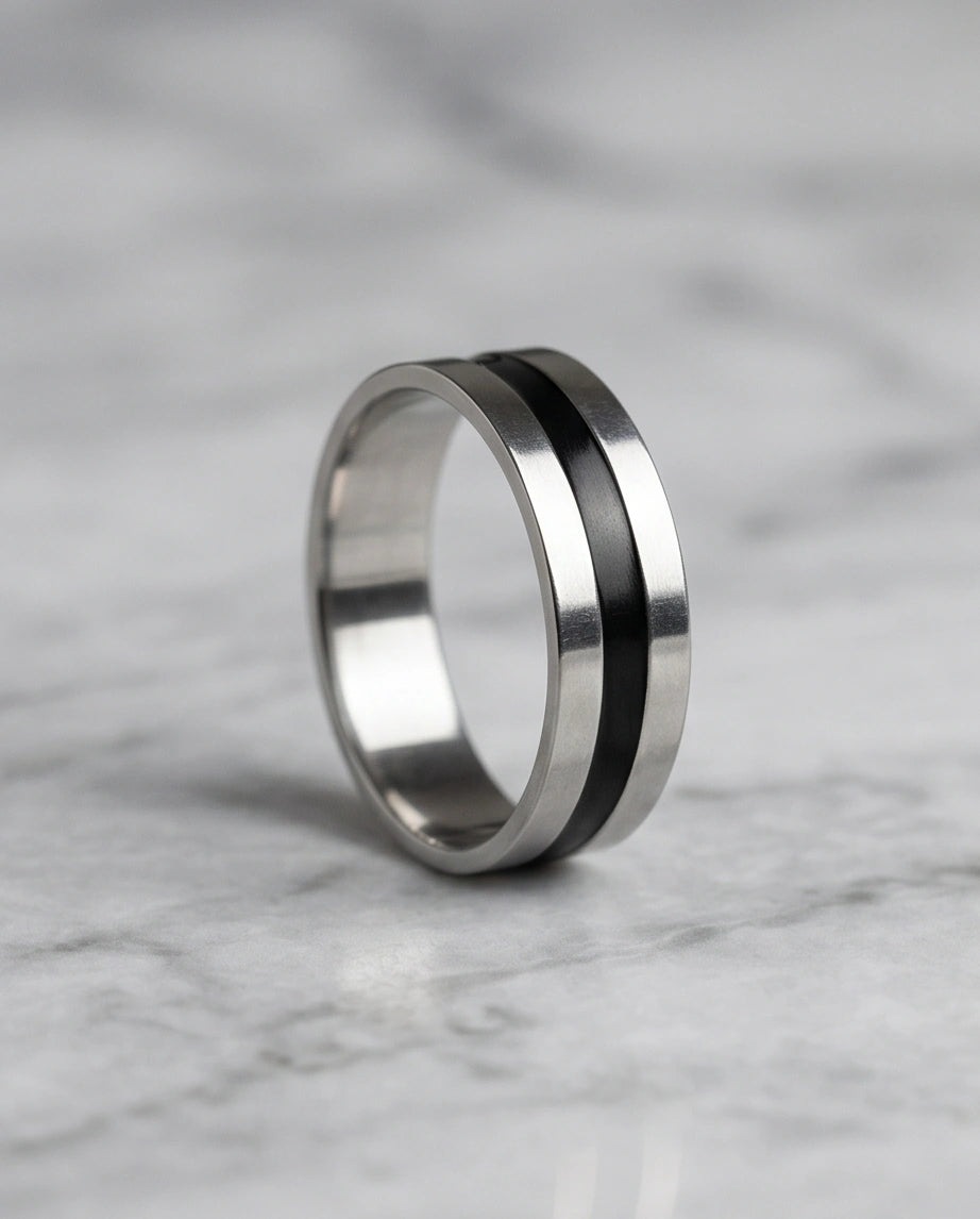 Minimalist Dual-Tone Silver and Black Band Ring