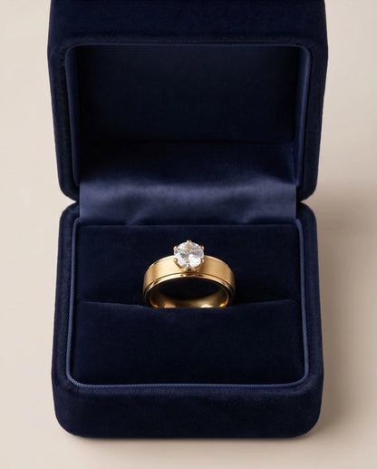 Gold Round Gemstone Brushed Solitaire Ring