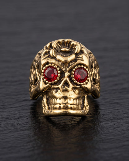 Ruby-Eyed Beaded Bezel Filigree Skull Gold Ring