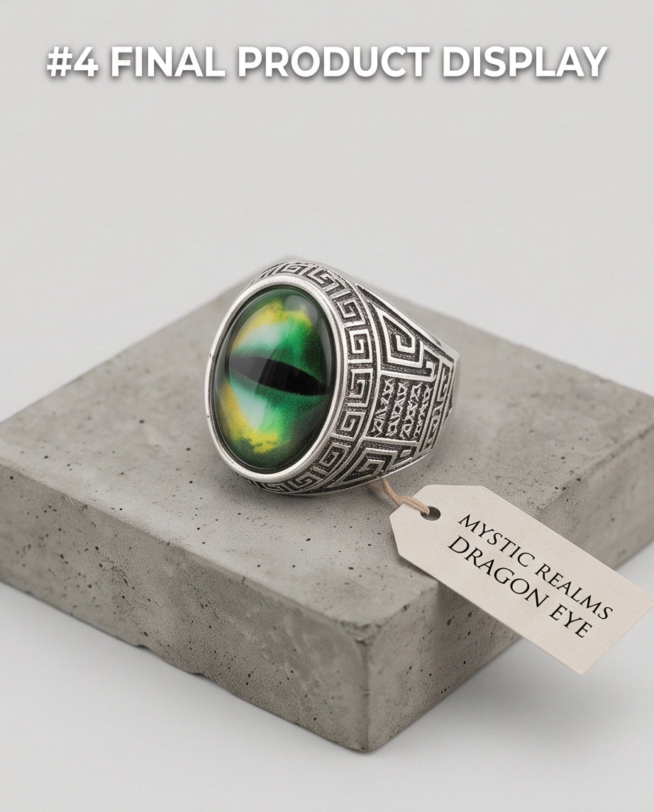 Emerald Green Slit-Pupil Dragon-Eye Greek Key Silver Ring
