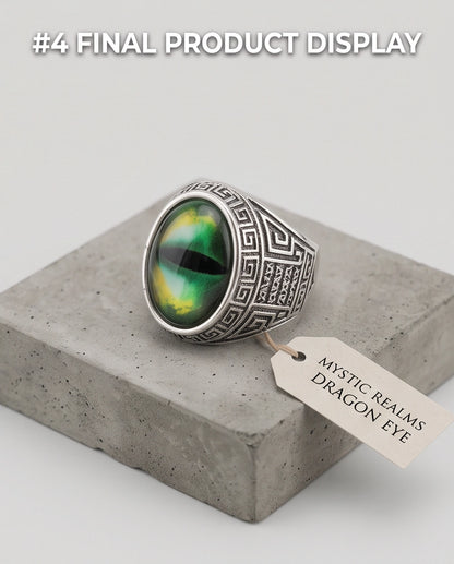 Emerald Green Slit-Pupil Dragon-Eye Greek Key Silver Ring
