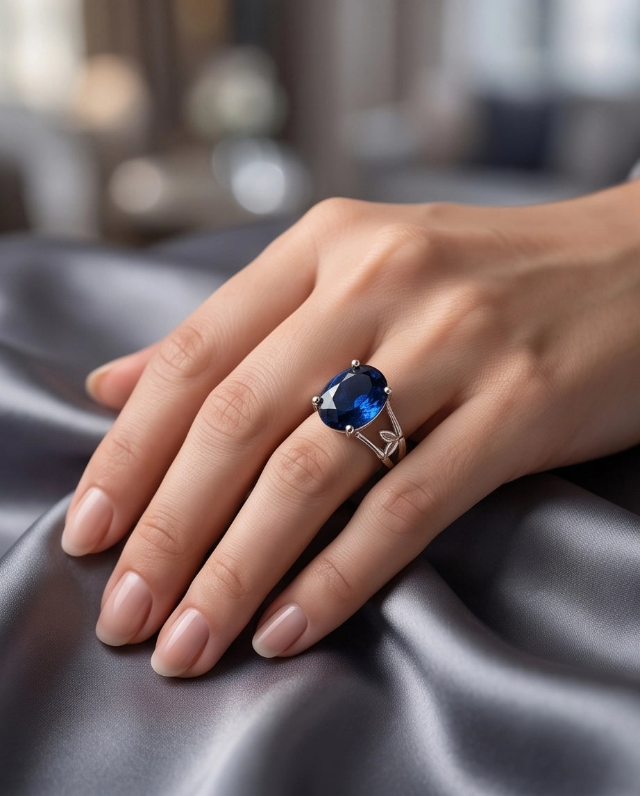 Silver Oval Sapphire Botanical Solitaire Ring