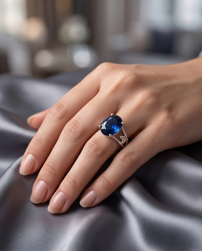 Silver Oval Sapphire Botanical Solitaire Ring