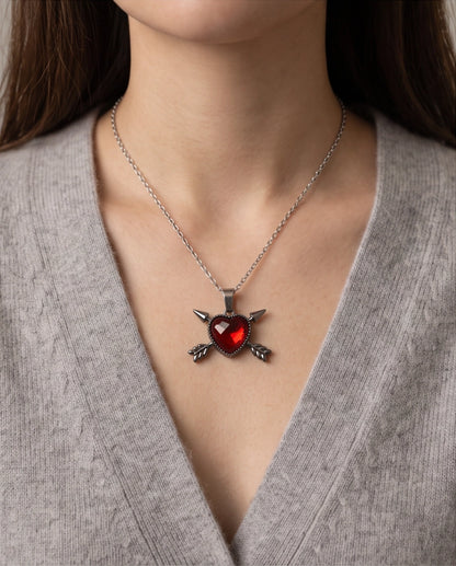 Silver Crossed Arrows Red Heart Gem Pendant Necklace