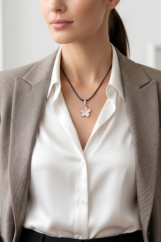Blushing Cherry Blossom Enamel Pendant Necklace