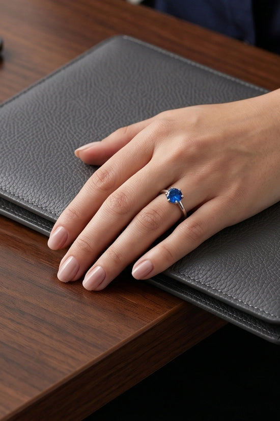 Sterling Silver Royal Blue Round Cut Solitaire Ring