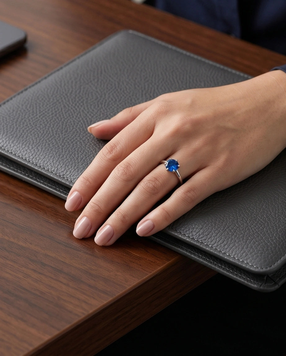 Sterling Silver Royal Blue Round Cut Solitaire Ring