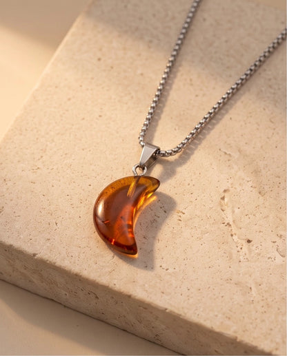 Silver Amber Resin Crescent Moon Pendant Necklace