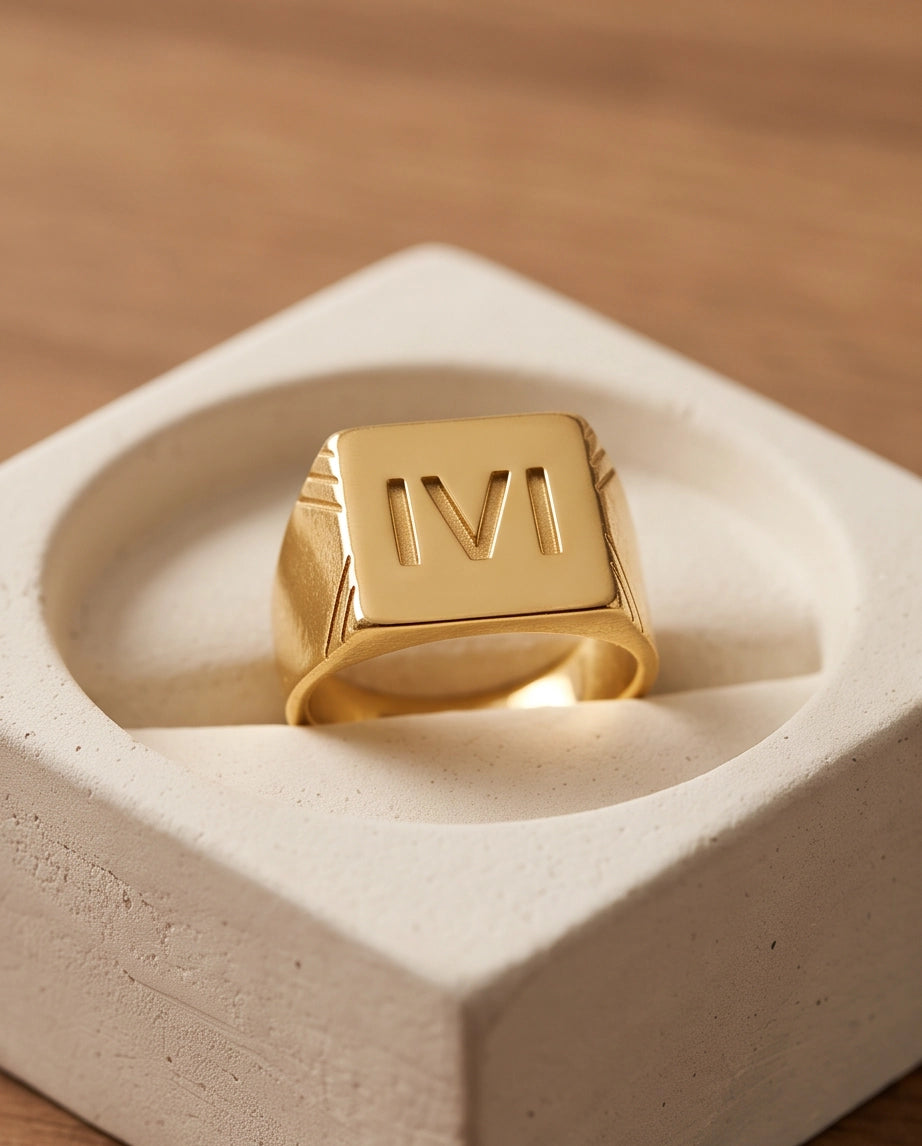 Roman Numeral Engraved Gold Signet Ring