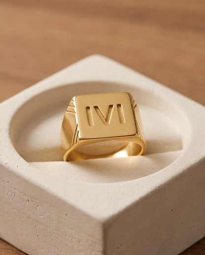 Roman Numeral Engraved Gold Signet Ring