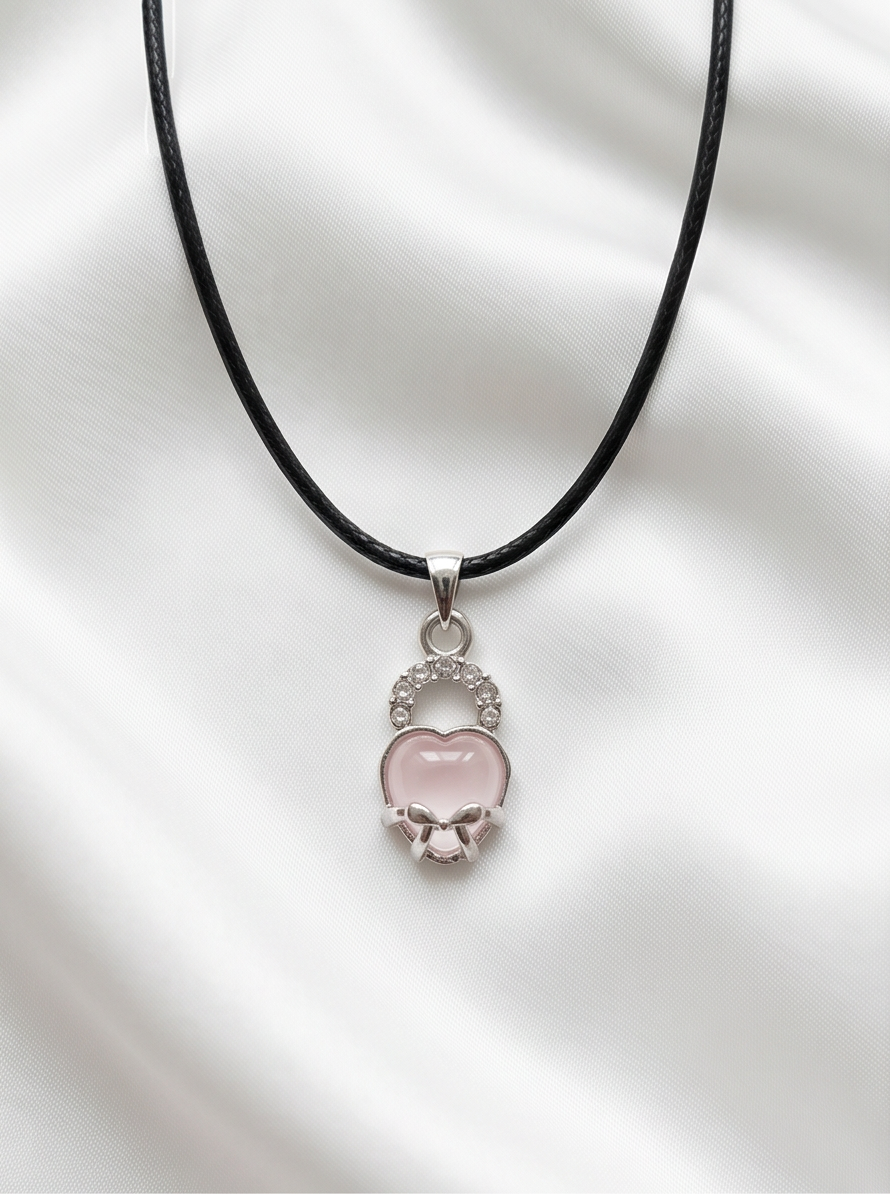 Pink Quartz Heart Bow Lock Pendant Necklace