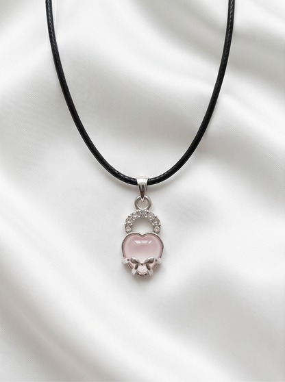 Pink Quartz Heart Bow Lock Pendant Necklace