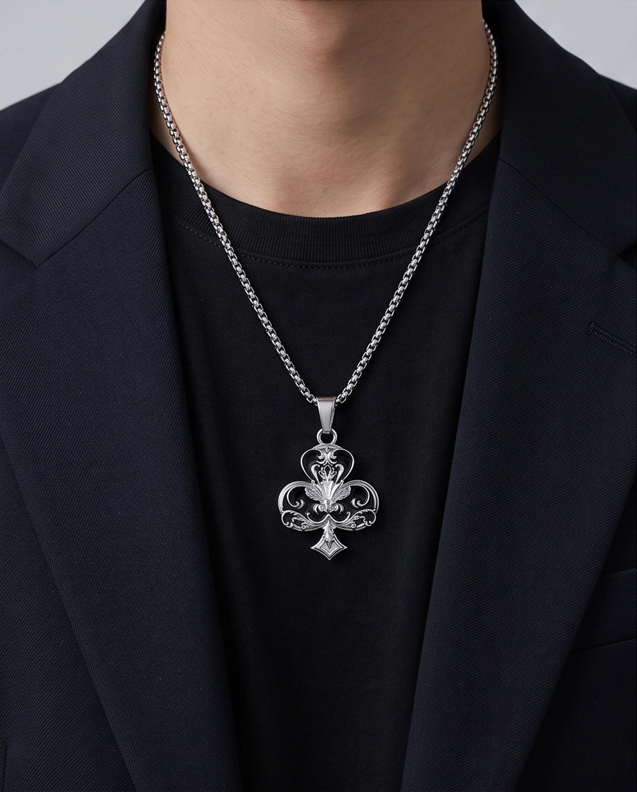 Silver Filigree Ace of Clubs Pendant Necklace