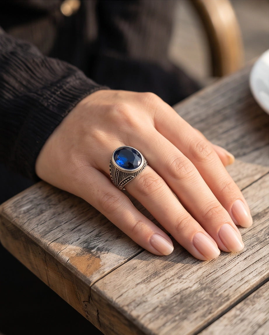 Sapphire Gemstone Beaded Smooth Bezel Chevron Stippled Silver Ring