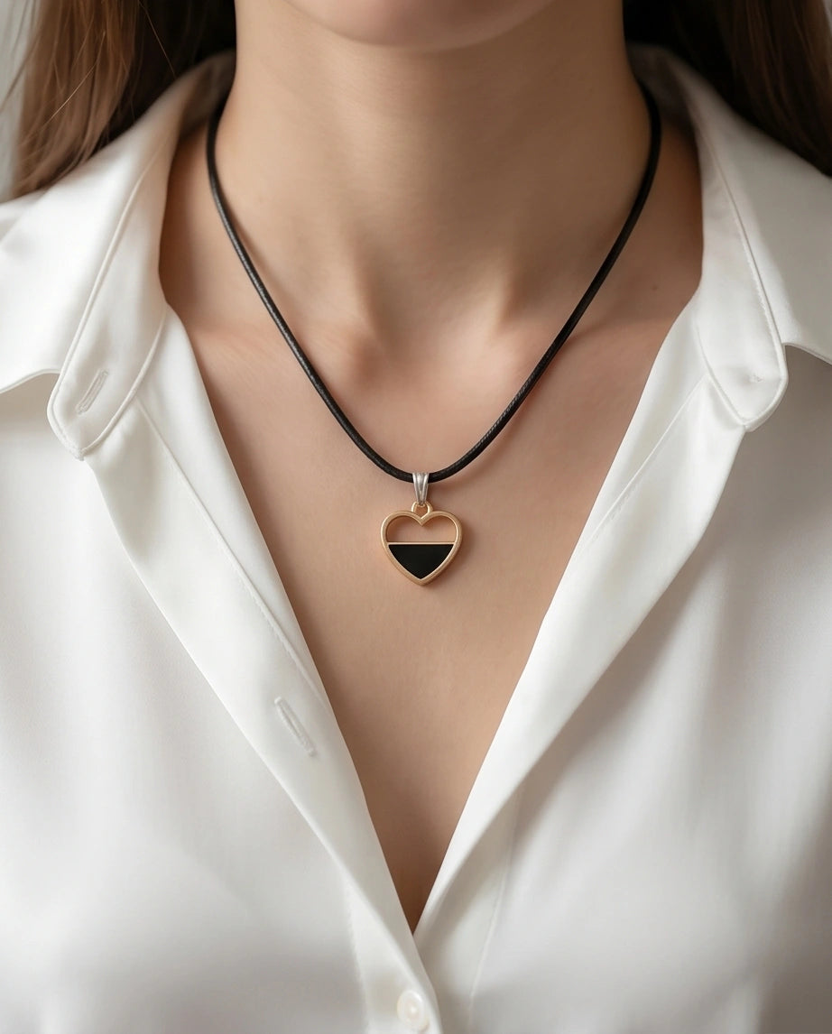 Gold Half-Black Enamel Heart Necklace