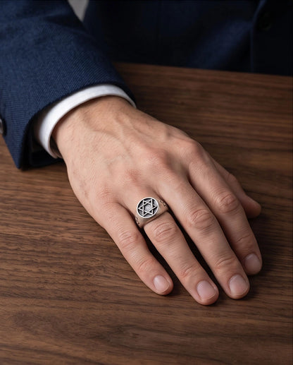 Silver Hexagram Celestial Signet Ring