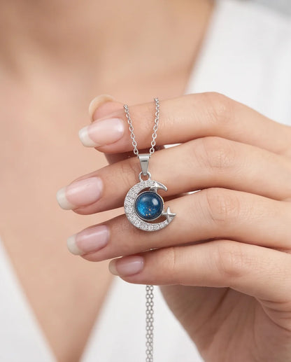 Silver Cosmic Galaxy Crescent Moon Pendant Necklace
