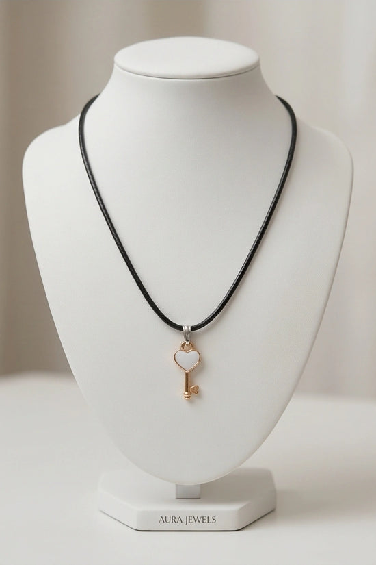 Gold and White Heart Key Pendant Necklace