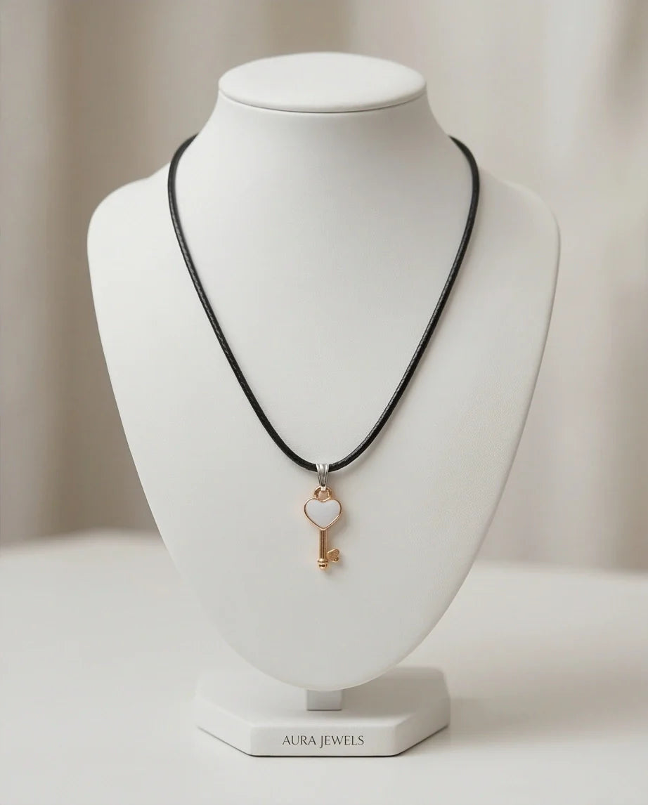 Gold and White Heart Key Pendant Necklace