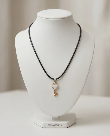 Gold and White Heart Key Pendant Necklace