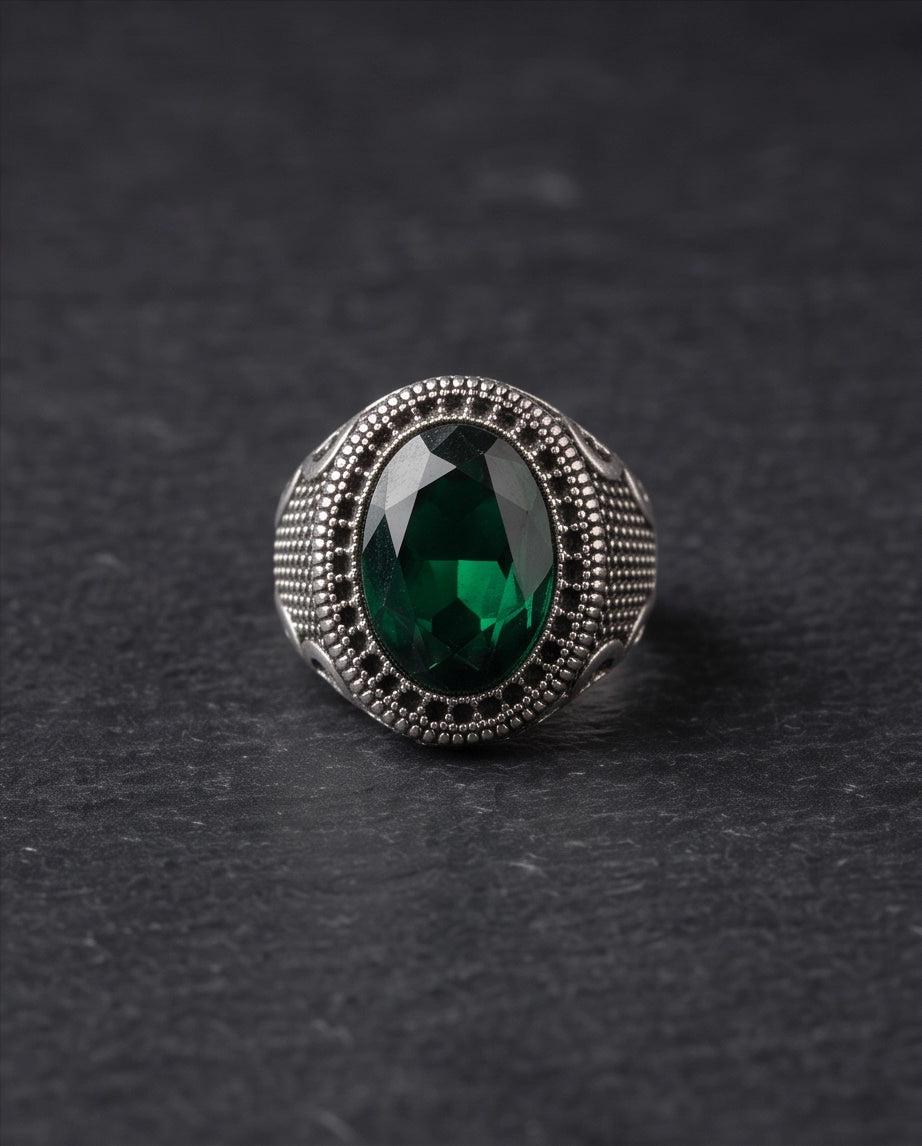 Emerald Gemstone Double Beaded Frame Scroll Silver Ring
