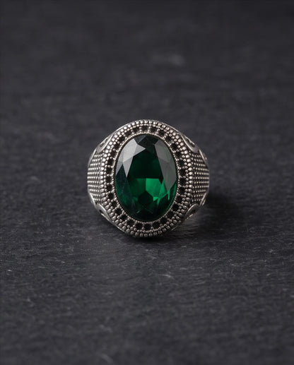 Emerald Gemstone Double Beaded Frame Scroll Silver Ring