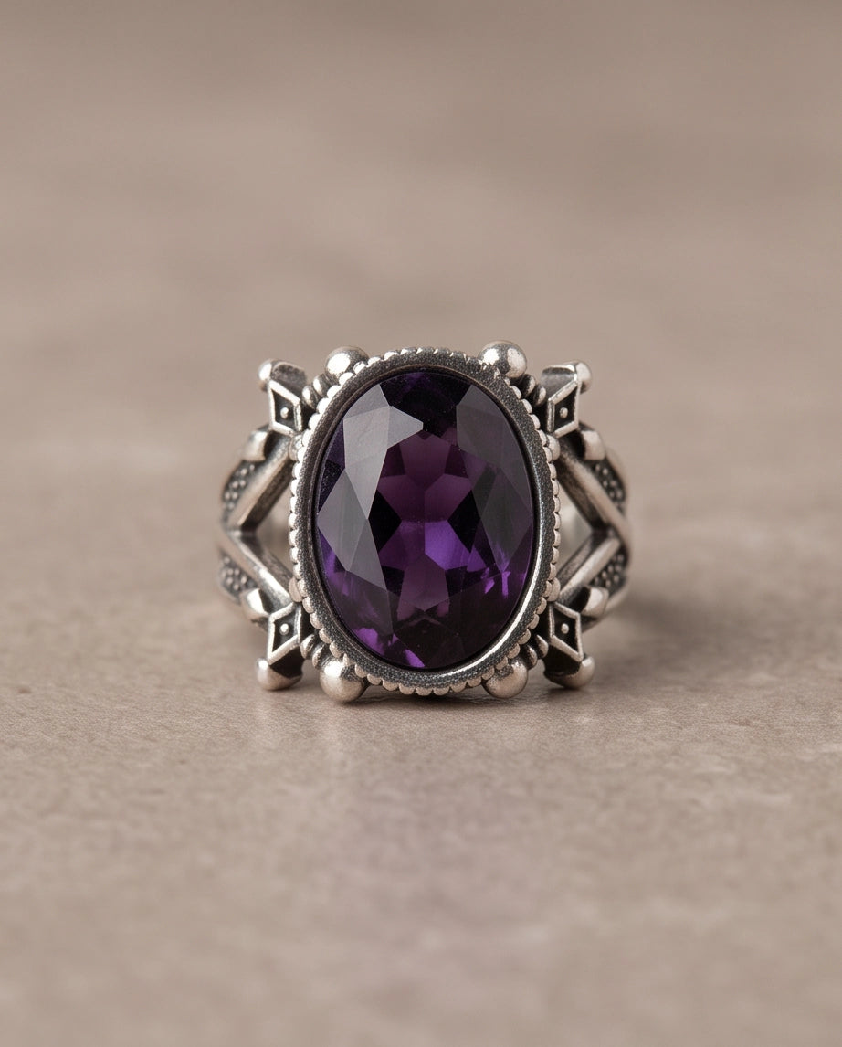 Amethyst Gemstone Fluted Bezel Sword-Cross Silver Ring