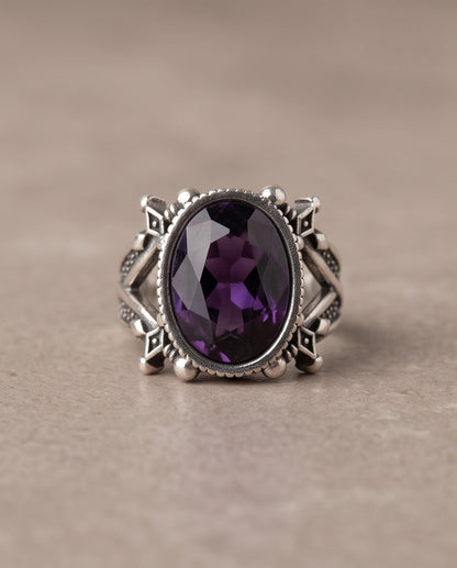 Amethyst Gemstone Fluted Bezel Sword-Cross Silver Ring