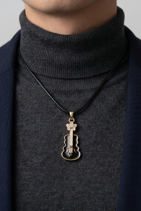Gold and Black Enamel Violin Necklace