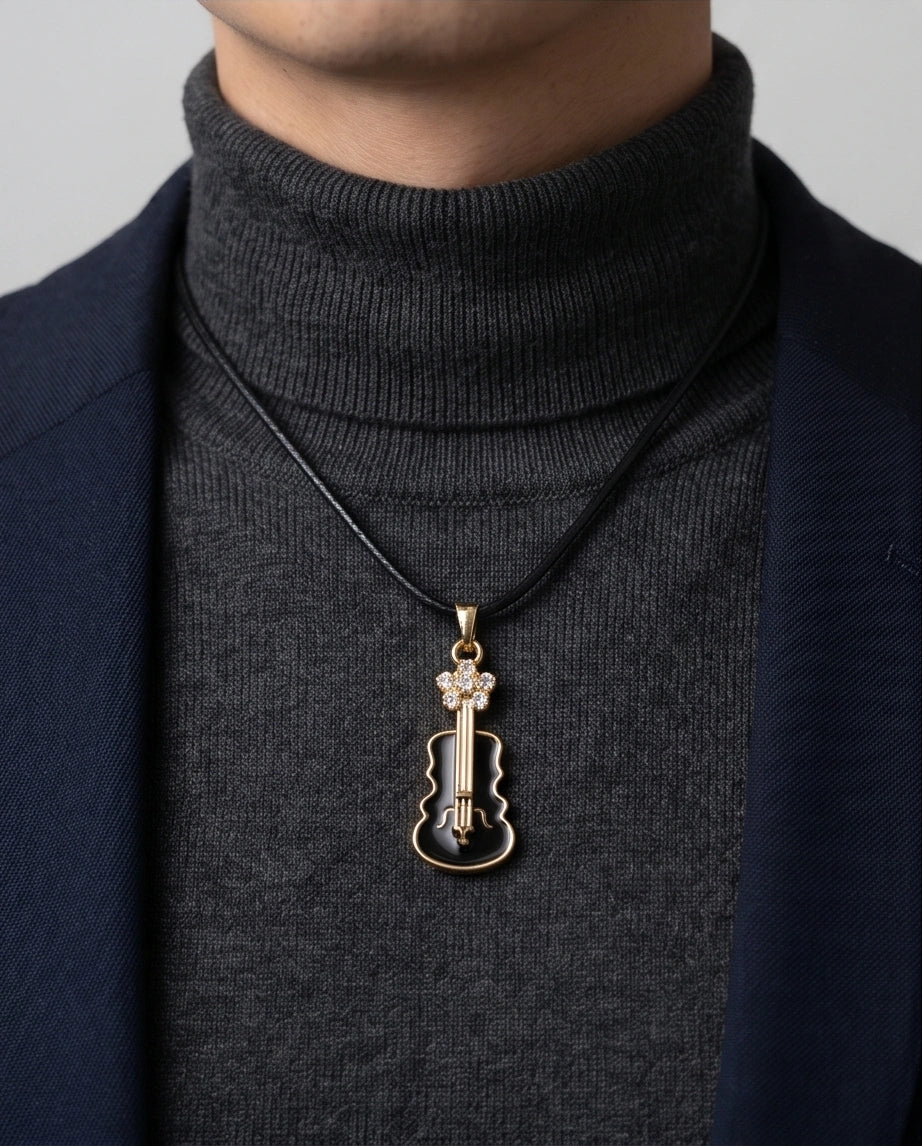 Gold and Black Enamel Violin Necklace