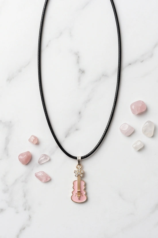 Gold and Pink Enamel Violin Necklace