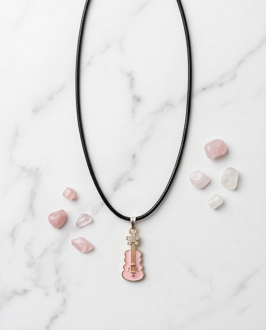 Gold and Pink Enamel Violin Necklace