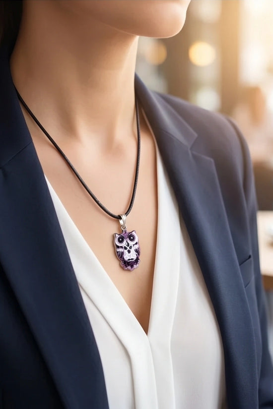 Mystical Purple Watercolor Owl Totem Pendant Necklace